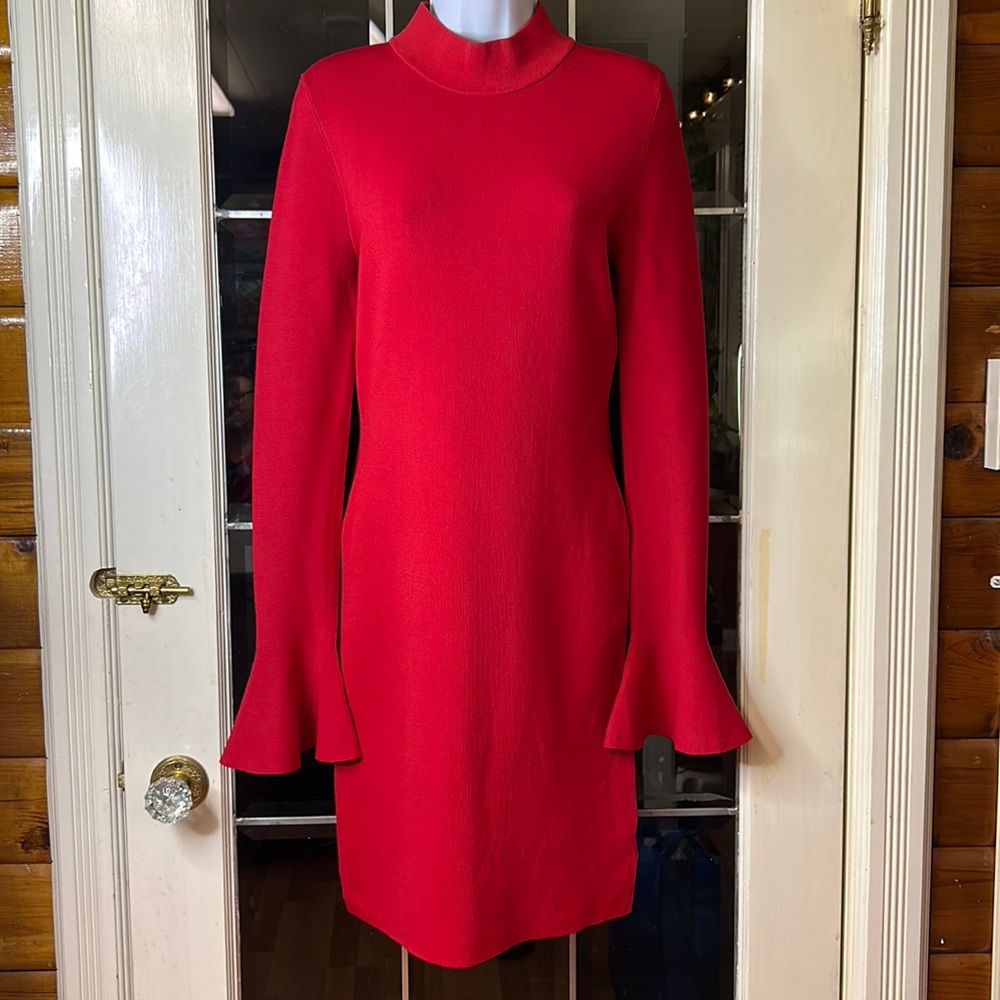 NWT Michael Kors Red Bell Sleeve Midi Bodycon High Neck Dress M
